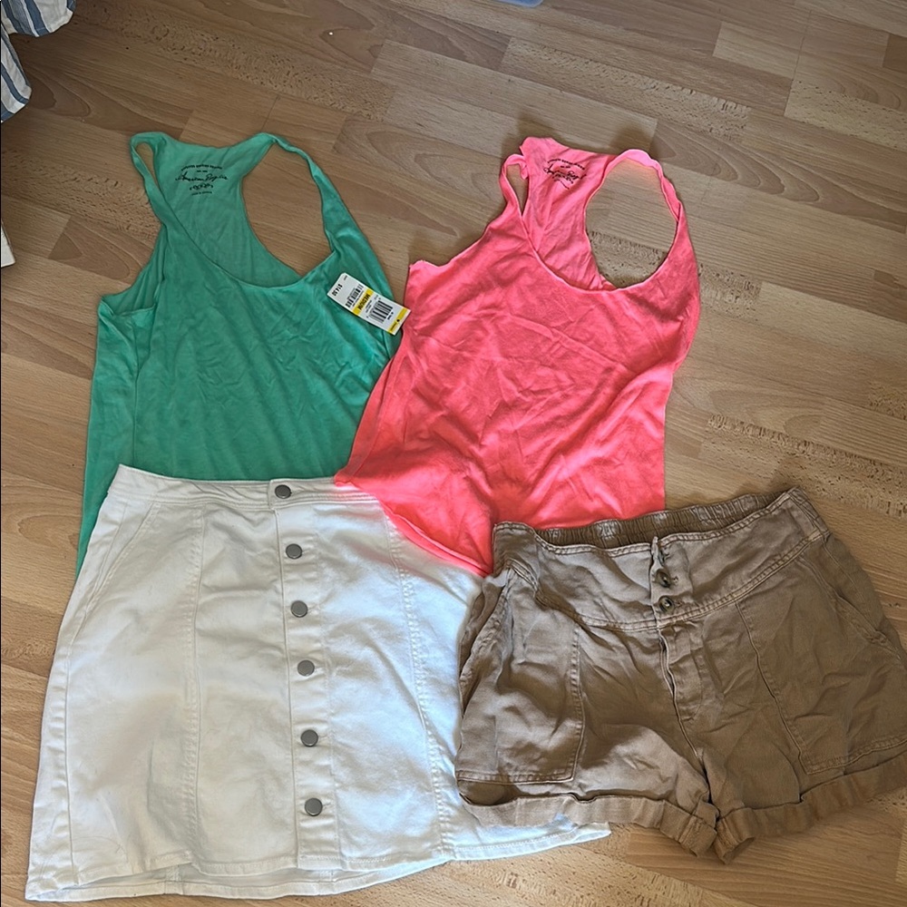 Casual Summer Outfit Set - Green, Pink, White, Tan